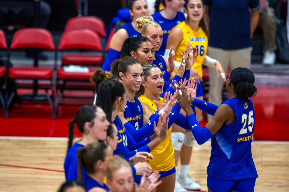 San Jose State middle blocker Jade Epps (25) is introduced as they prepare to face UNLV during ...