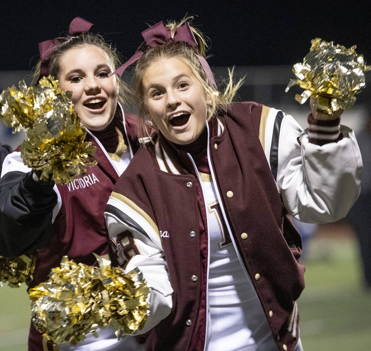 Faith Lutheran cheerleaders celebrate after the 31-0 5A Division II Southern League semifinal w ...