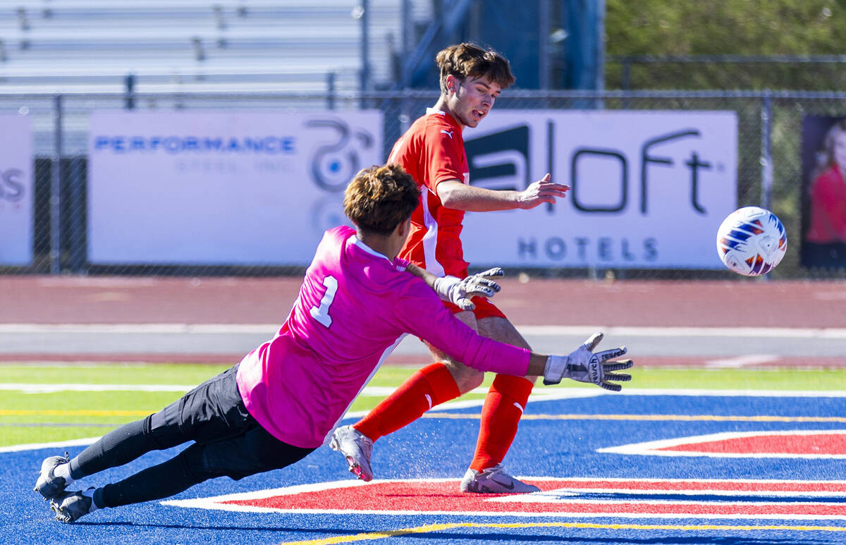 Coronado striker Gavin Flickinger (11) kicks the ball past Wooster goalkeeper Jason Acosta Plas ...