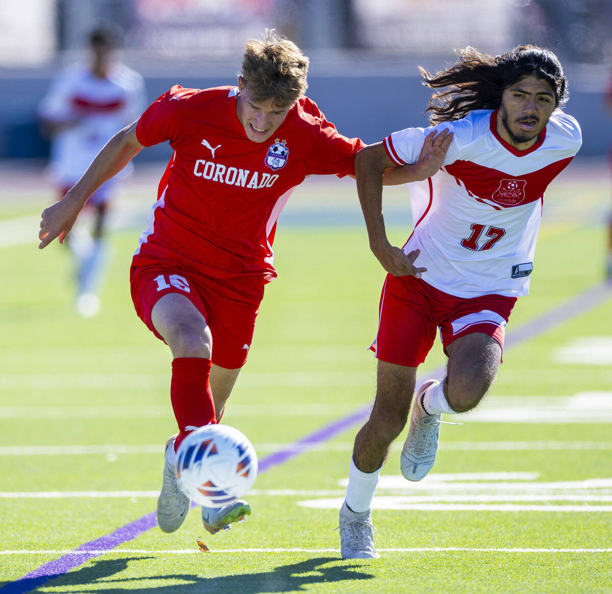 Coronado forward Maddox Findlay (16) advances with the ball against Wooster midfielder Luis Lop ...