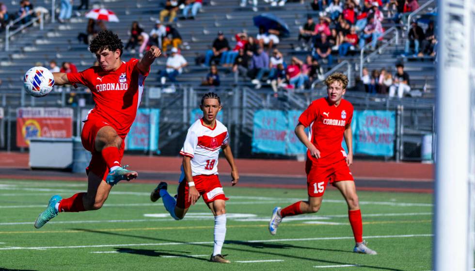 Coronado striker Dylan Flores (9) looks to score again against Wooster during the second half o ...