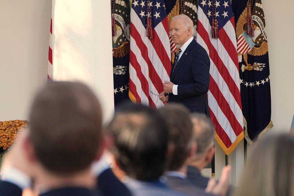 President Joe Biden departs after speaking in the Rose Garden of the White House in Washington, ...