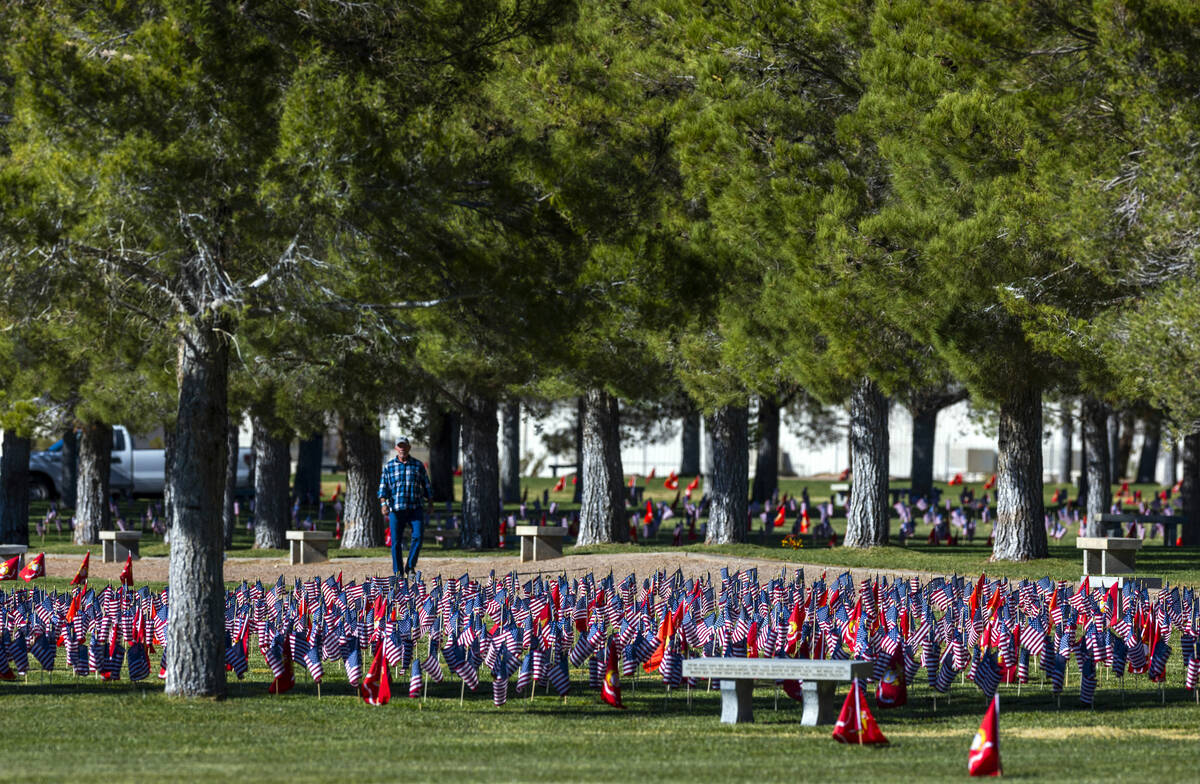 A visitor walks about some of nearly 14,000 small American flags at veterans grave markers in t ...