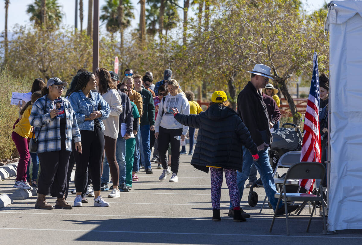 Voters wait in line to cast their ballots on the final day of early voting in the polling locat ...