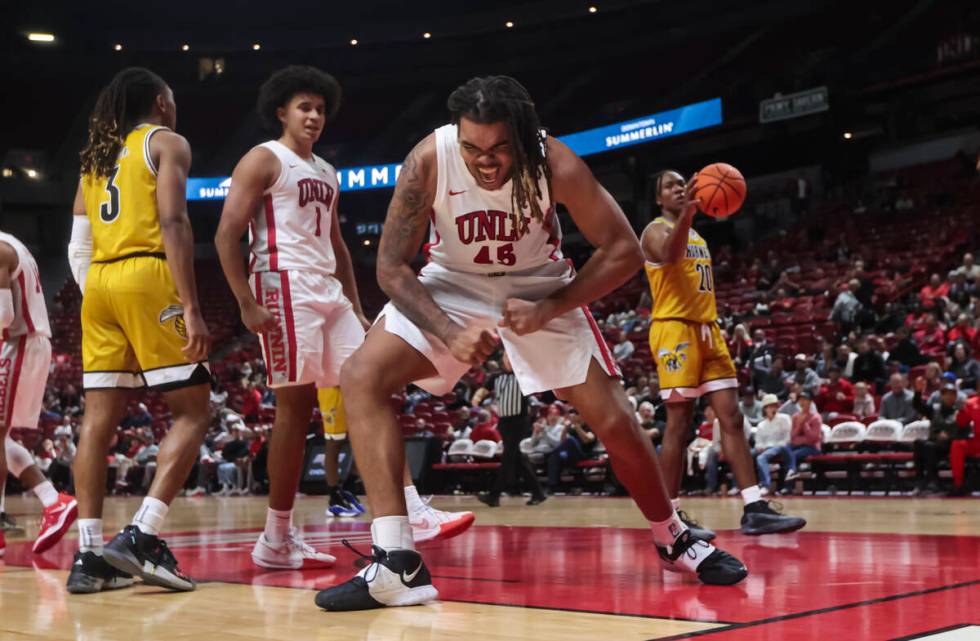 UNLV Rebels forward Jeremiah Cherry (45) reacts after scoring against the Alabama State Hornets ...