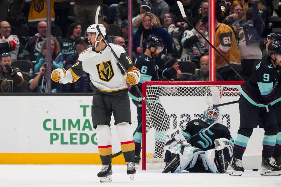 Vegas Golden Knights center Nicolas Roy reacts after scoring against Seattle Kraken goaltender ...