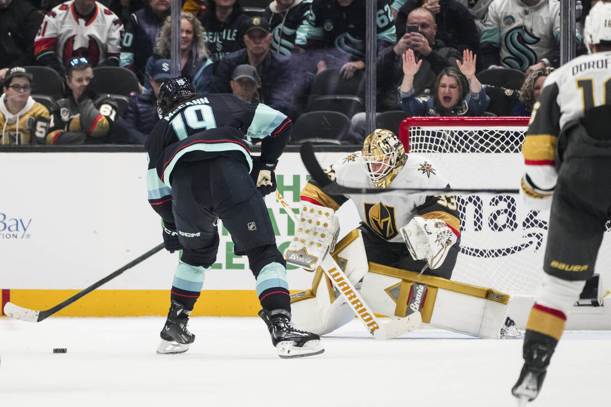 Seattle Kraken left wing Jared McCann looks to shoot and score the game-winning goal against Ve ...