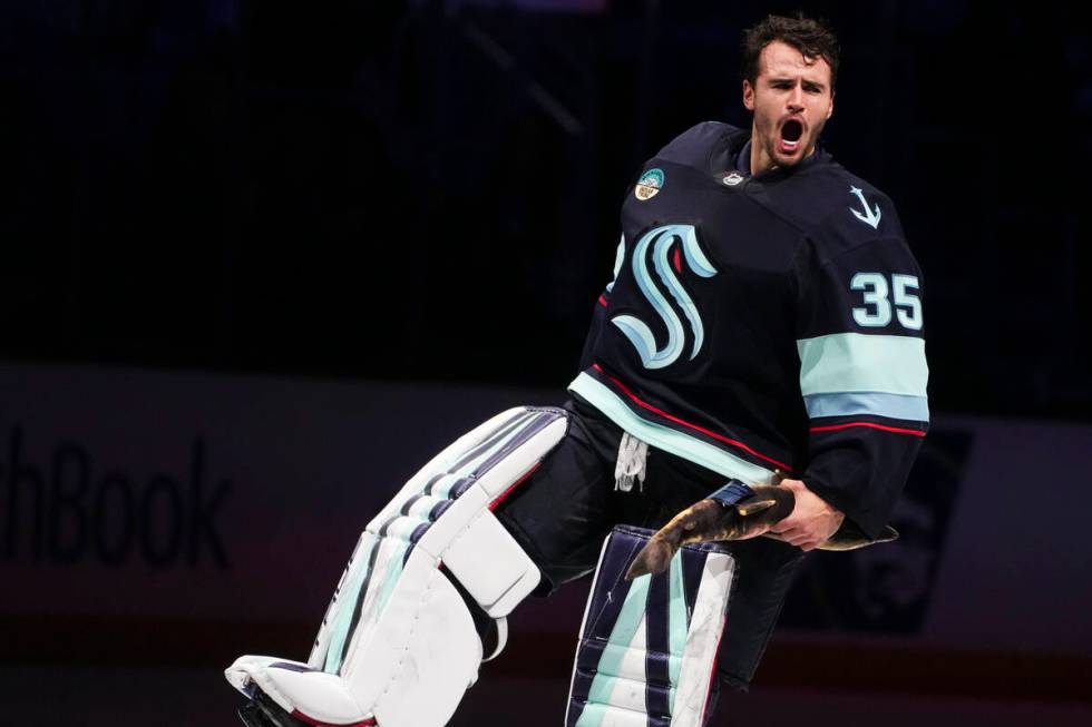 Seattle Kraken goaltender Joey Daccord reacts after win in overtime against the Vegas Golden Kn ...