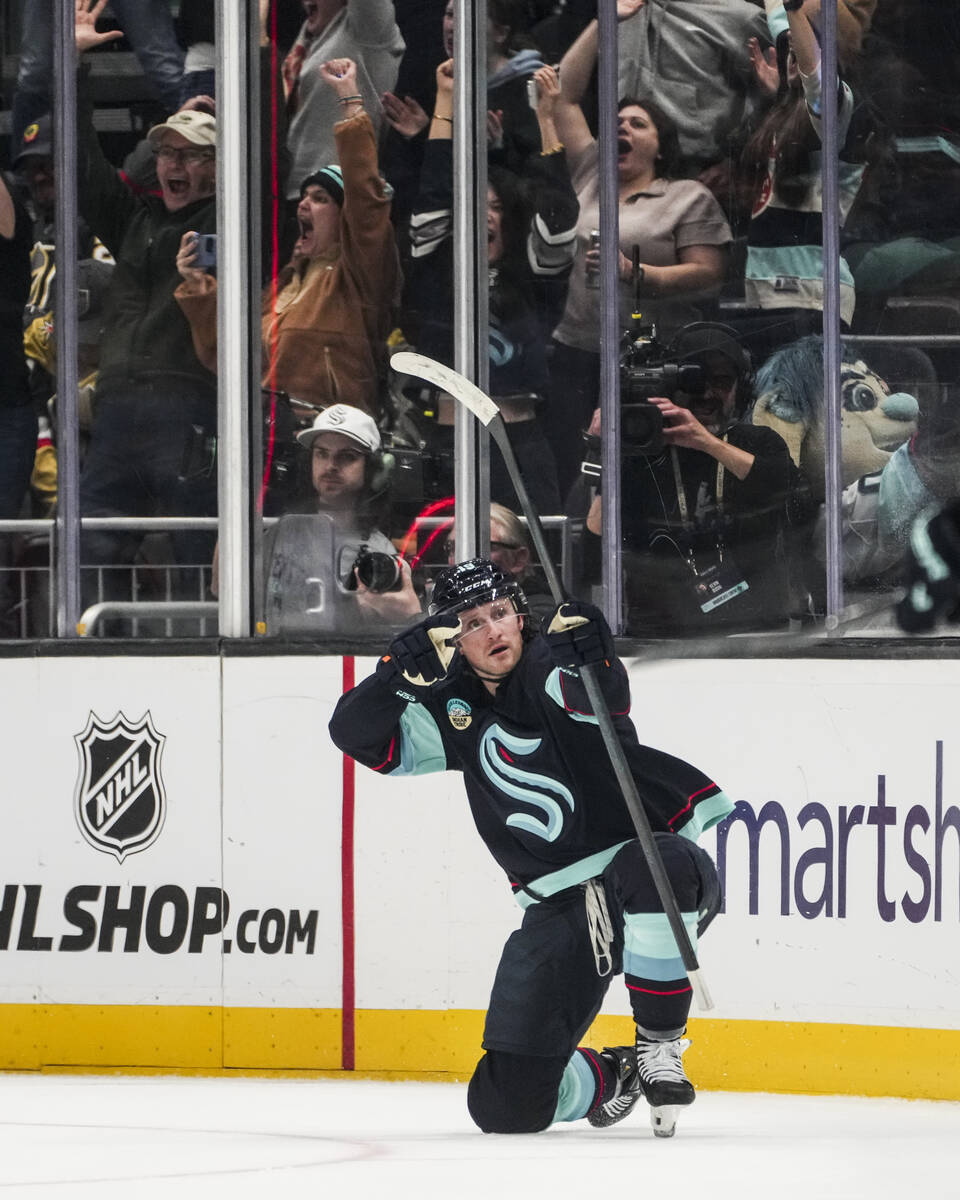 Seattle Kraken left wing Jared McCann reacts to scoring the game-winning goal during overtime f ...