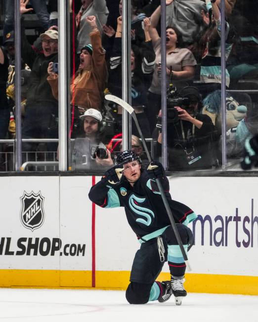 Seattle Kraken left wing Jared McCann reacts to scoring the game-winning goal during overtime f ...