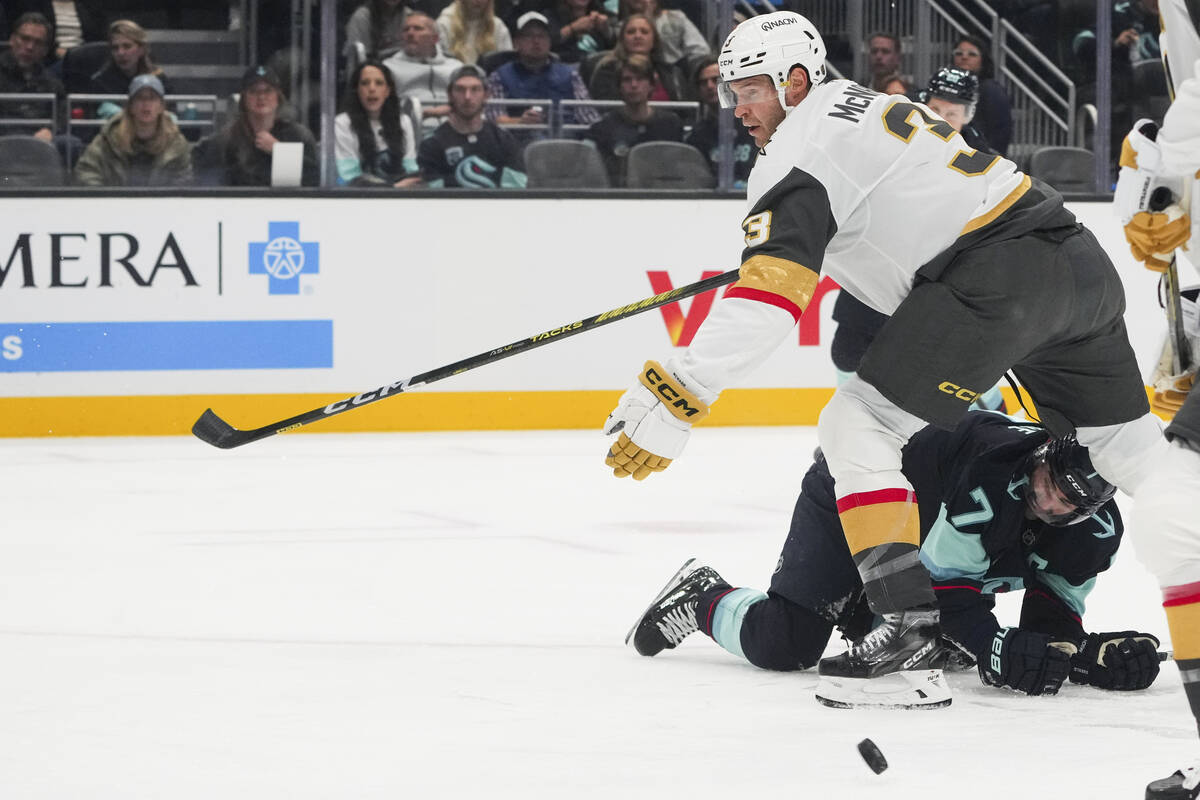 Seattle Kraken right wing Jordan Eberle (7) looks on after falling over while colliding with Ve ...