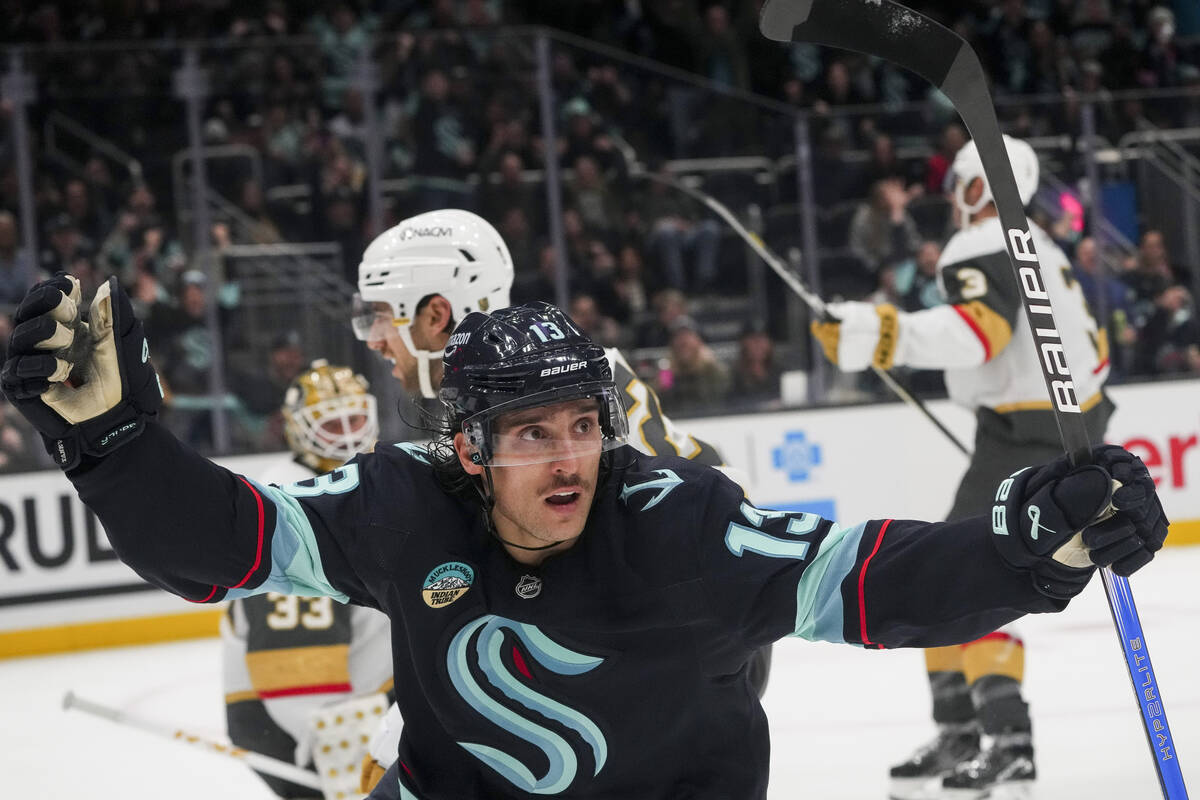 Seattle Kraken left wing Brandon Tanev reacts to scoring against the Vegas Golden Knights durin ...