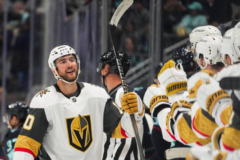 Vegas Golden Knights center Nicolas Roy greets teammates after scoring against the Seattle Krak ...