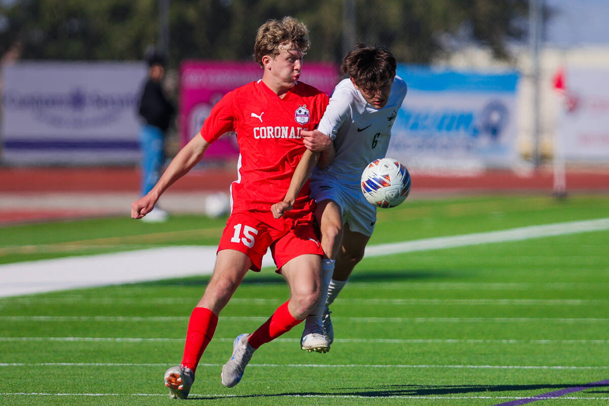 Coronado’s Maddox Findlay (16) and Hug defensive player Fabian Padilla (6) race for the ...