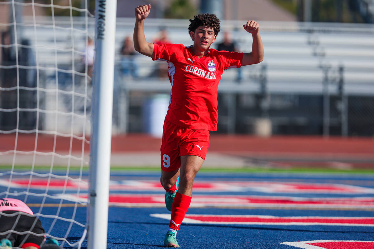 Coronado striker Dylan Flores (9) celebrates a goal during a 5A boys soccer state championship ...