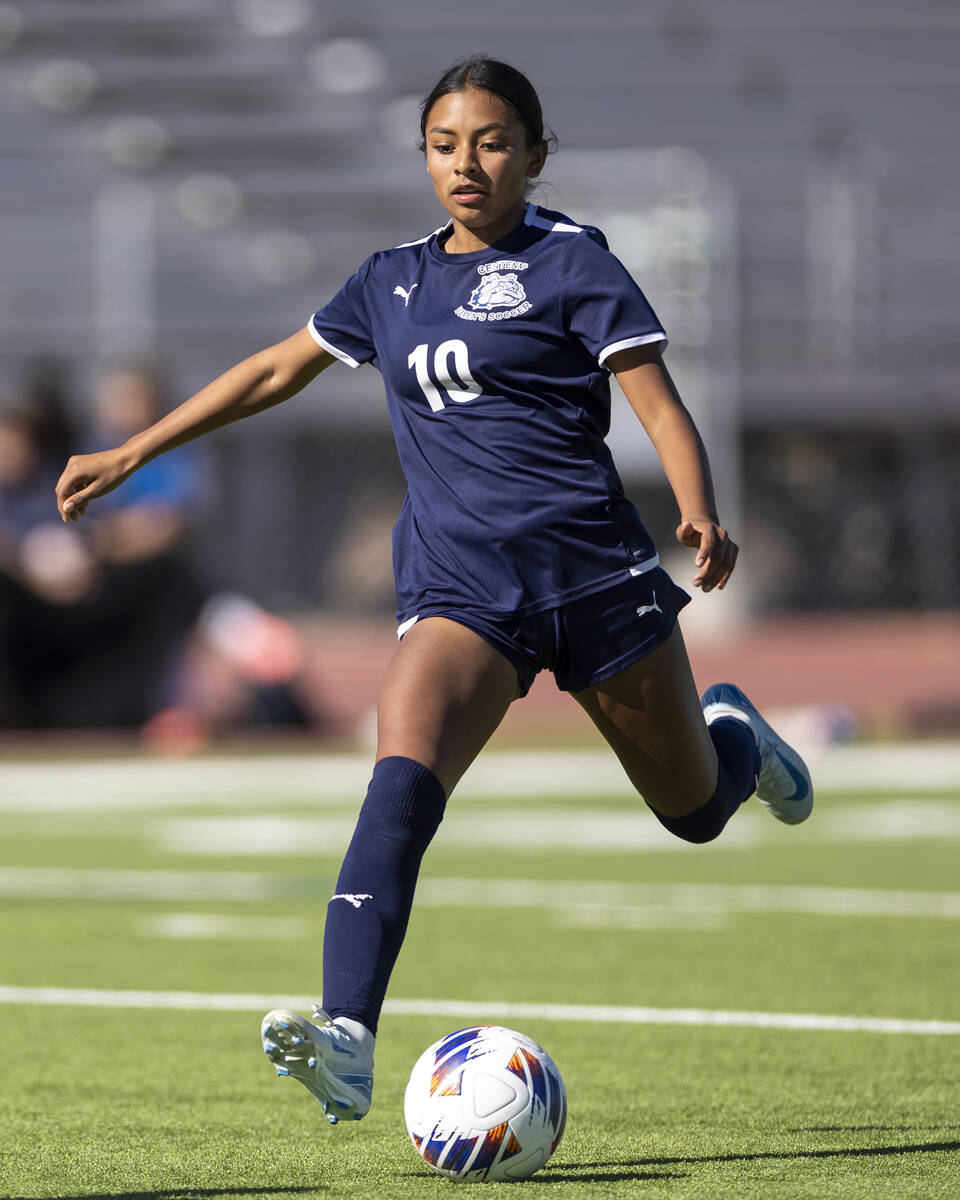 Centennial midfielder Alexandra Miranda (10) controls the ball during the 4A girls soccer state ...