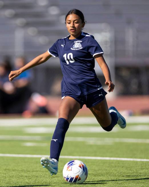 Centennial midfielder Alexandra Miranda (10) controls the ball during the 4A girls soccer state ...