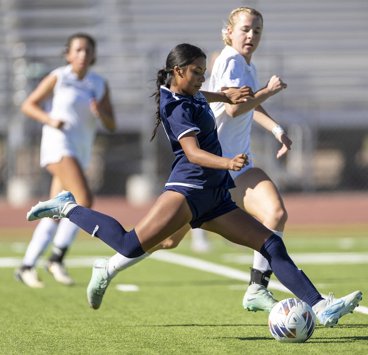 Centennial midfielder Alexandra Miranda (10) looks to kick the ball during the 4A girls soccer ...