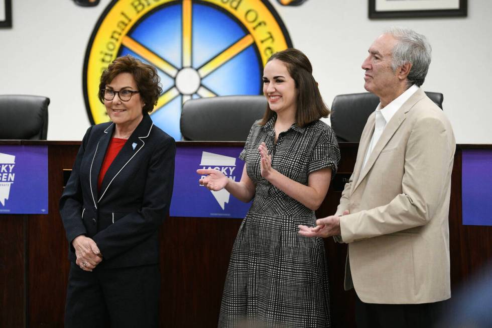 Sen. Jacky Rosen, D-Nev., is applauded by her daughter Miranda Rosen and husband Larry Rosen be ...