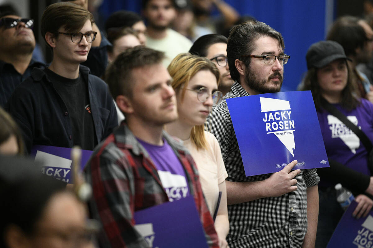 Supporters listen as Sen. Jacky Rosen, D-Nev., delivers remarks after winning re-election Satur ...