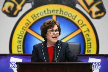 Sen. Jacky Rosen, D-Nev., delivers remarks after winning re-election Saturday November 9, 2024, ...