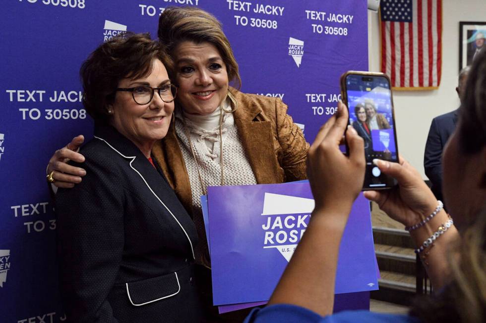 Sen. Jacky Rosen, D-Nev., has a photo taken with campaign volunteer Maritza Rodriguez after win ...