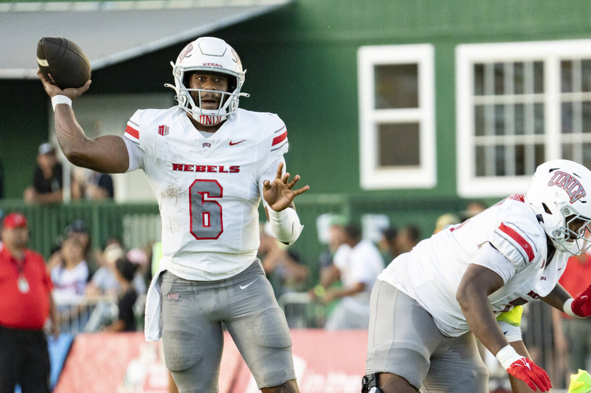 UNLV quarterback Hajj-Malik Williams (6) throws the ball during the first half of an NCAA colle ...