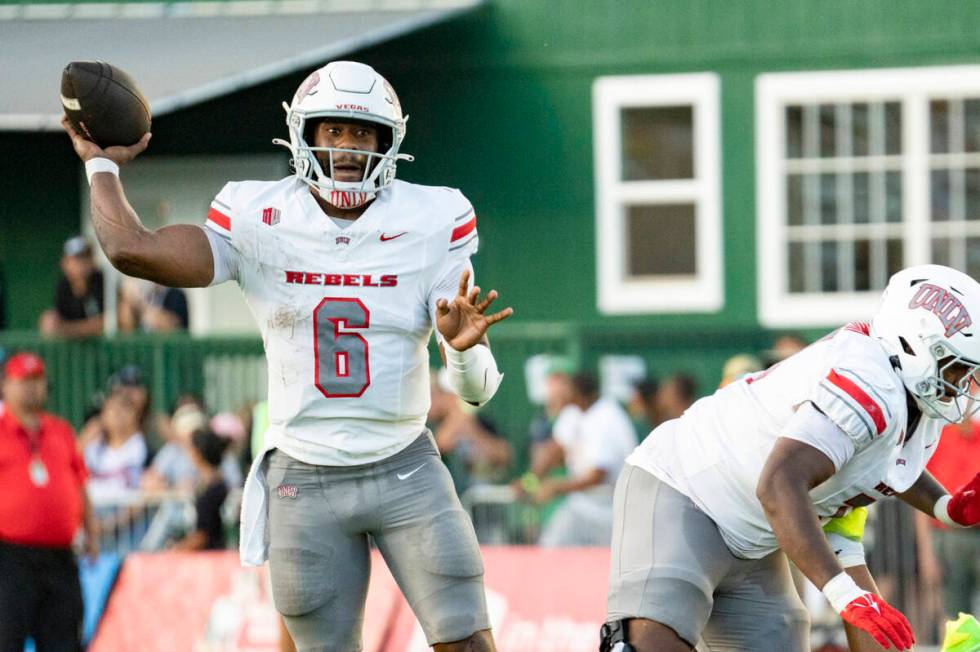 UNLV quarterback Hajj-Malik Williams (6) throws the ball during the first half of an NCAA colle ...