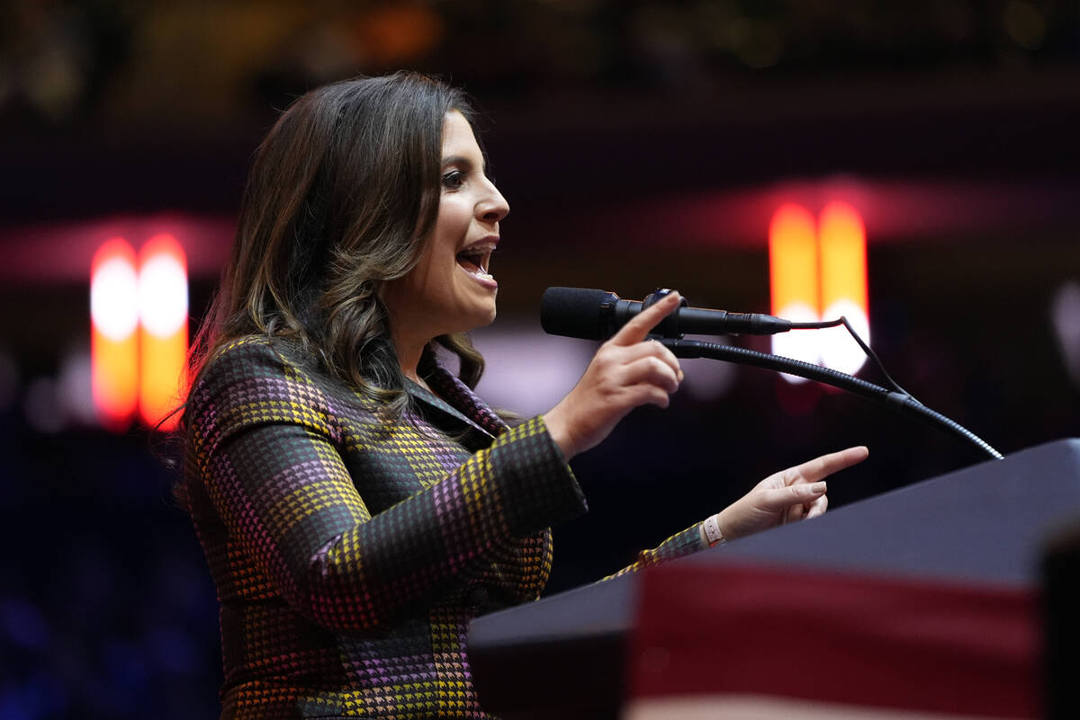 Rep. Elise Stefanik, R-N.Y., speaks before Republican presidential nominee former President Don ...