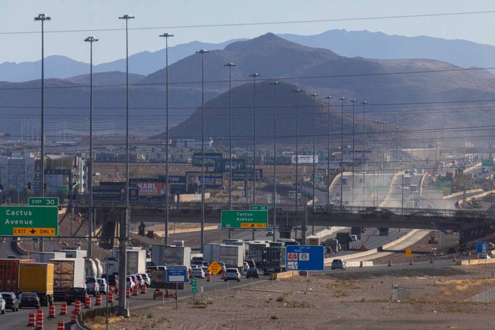 Traffic on Interstate 15 southbound is seen backed up as firefighters and the Nevada Highway Pa ...