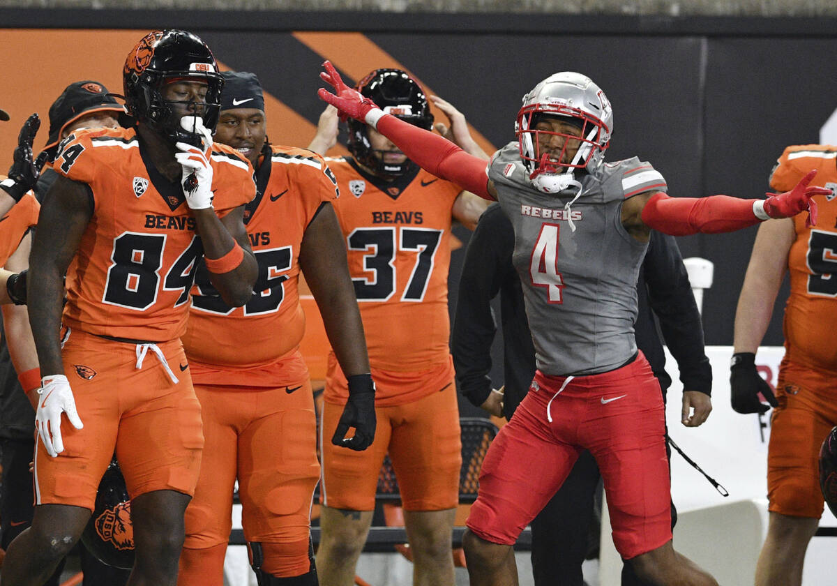 UNLV defensive back Malik Chavis (4) celebrates an incomplete pass intended for Oregon State ti ...