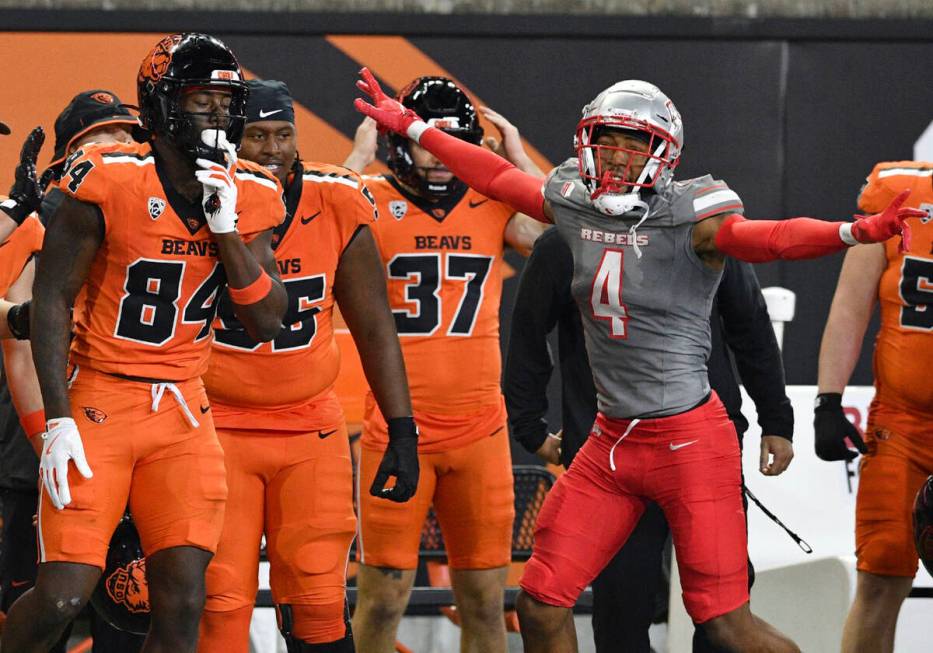 UNLV defensive back Malik Chavis (4) celebrates an incomplete pass intended for Oregon State ti ...