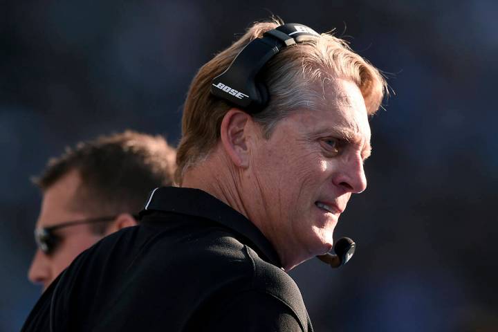 Oakland Raiders head coach Jack Del Rio looks on during the second half of an NFL football game ...