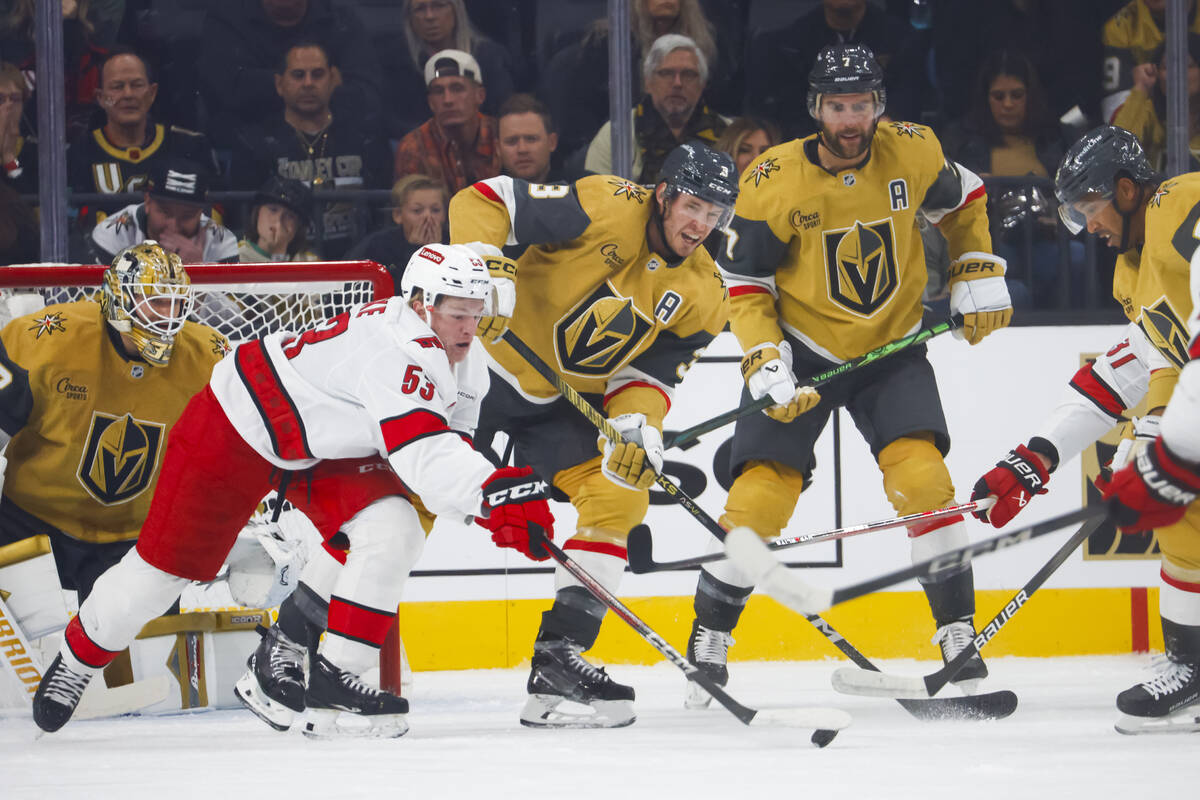 Golden Knights defenseman Brayden McNabb (3)m Golden Knights defenseman Alex Pietrangelo (7) an ...