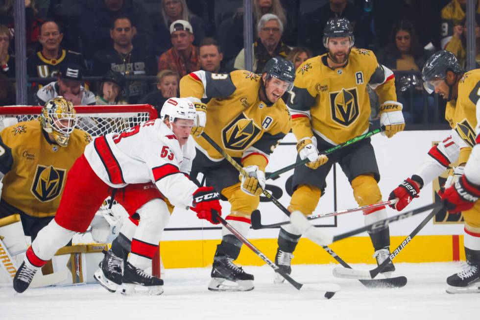 Golden Knights defenseman Brayden McNabb (3)m Golden Knights defenseman Alex Pietrangelo (7) an ...