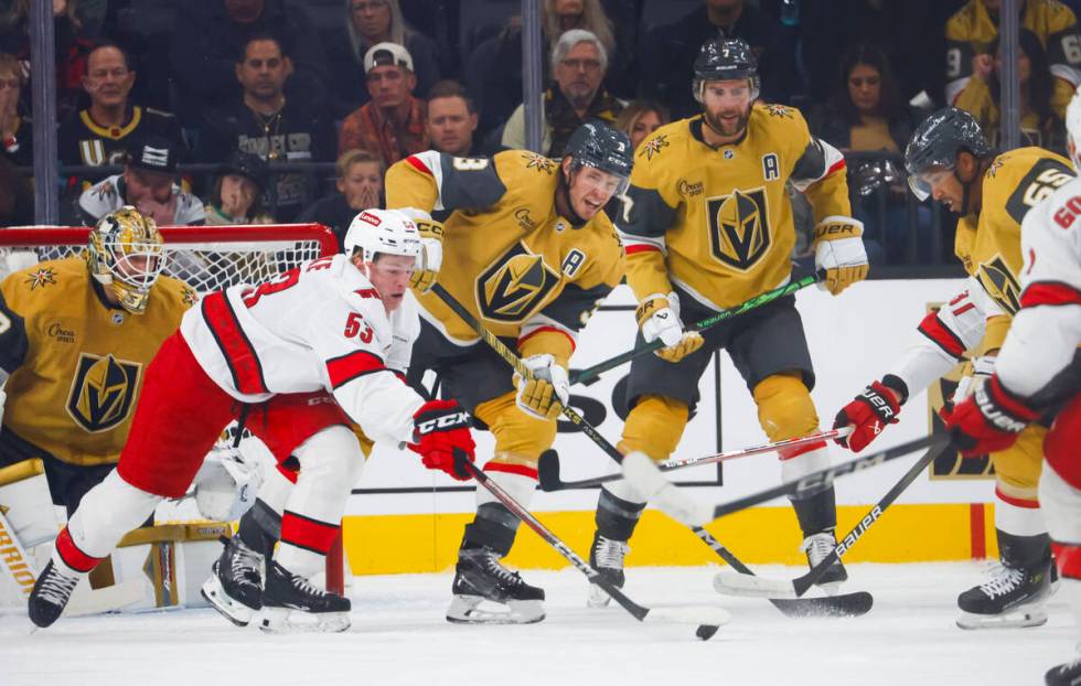 Golden Knights defenseman Brayden McNabb (3)m Golden Knights defenseman Alex Pietrangelo (7) an ...