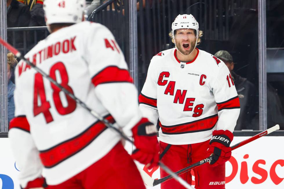 Carolina Hurricanes center Jordan Staal (11) celebrates after scoring against the Golden Knight ...