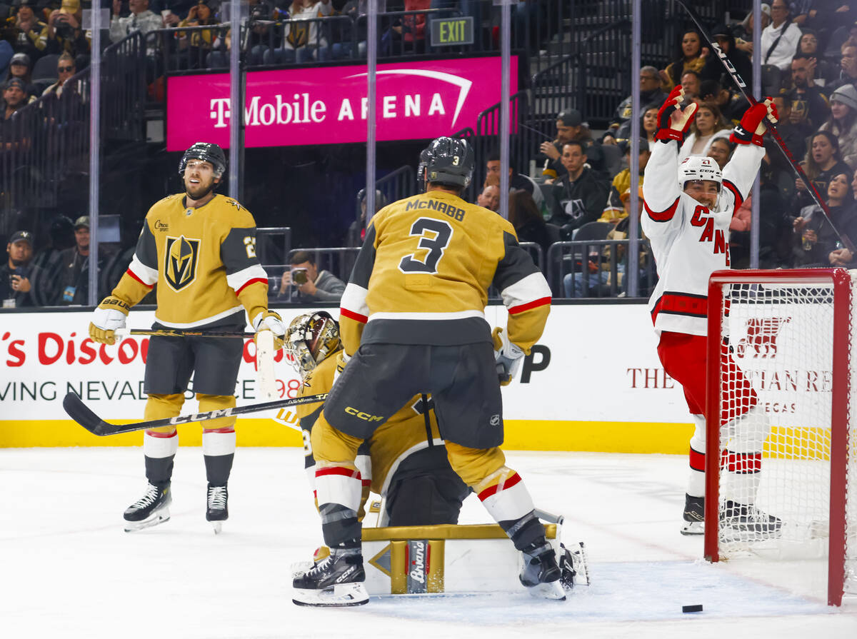 Carolina Hurricanes center Tyson Jost (27) celebrates after scoring against Golden Knights goal ...