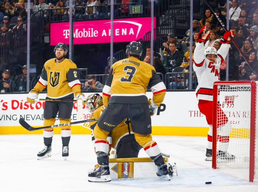 Carolina Hurricanes center Tyson Jost (27) celebrates after scoring against Golden Knights goal ...