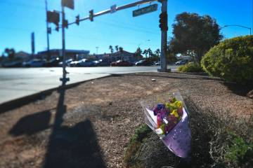 Flowers are placed at the scene of a fatal car accident at the intersection of Flamingo and Pec ...