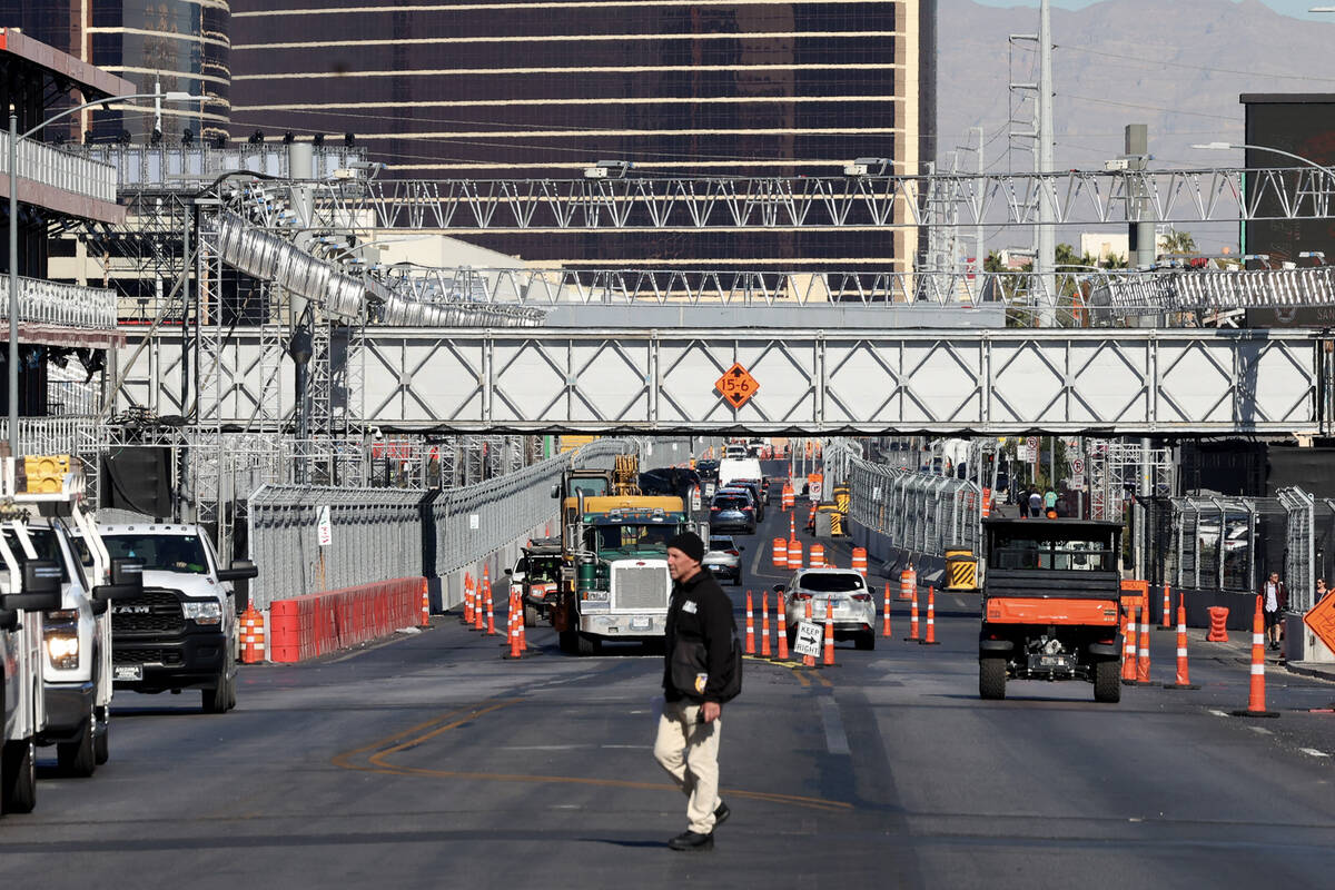 Construction is underway on a pedestrian bridge and a hospitality area for F1 Las Vegas Grand P ...