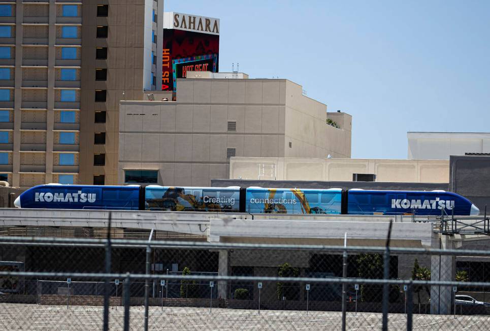 A Las Vegas Monorail is parked at Sahara stop, near Sahara Las Vegas, on Tuesday, May 11, 2021, ...