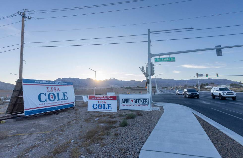 Campaign signs sit along North Fort Apache Road a week after elections, Tuesday, Nov. 12, 2024, ...