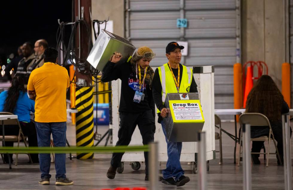 Ballot drop boxes are moved inside the Clark County Election Department warehouse on Tuesday, N ...