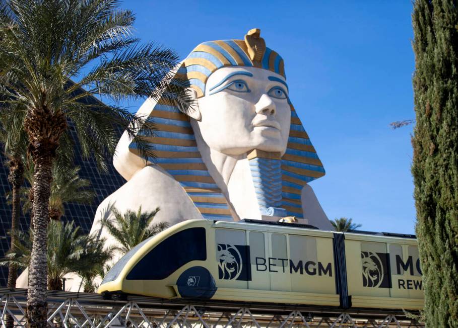 The MGM tram runs outside the Luxor, Wednesday, Nov. 13, 2024, in Las Vegas. (Daniel Jacobi II/ ...