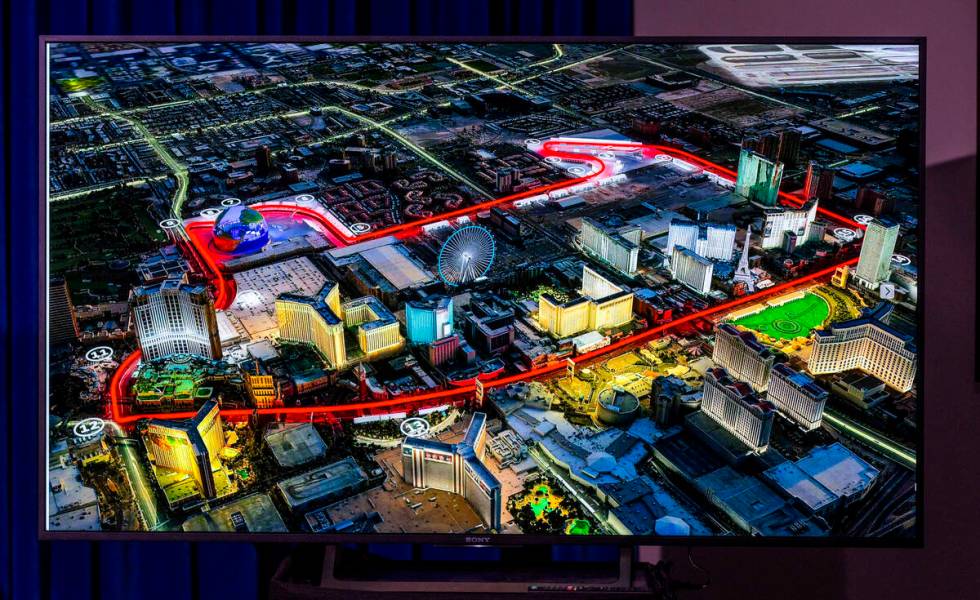 The Formula 1 track is displayed during a press conference at the Las Vegas Metropolitan Police ...