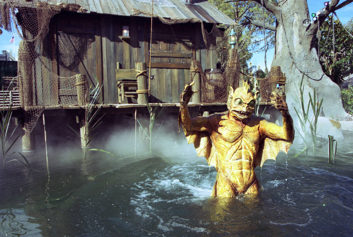 A swamp creature rises out of the water during the Backlot River Tour at MGM Grand Adventures T ...