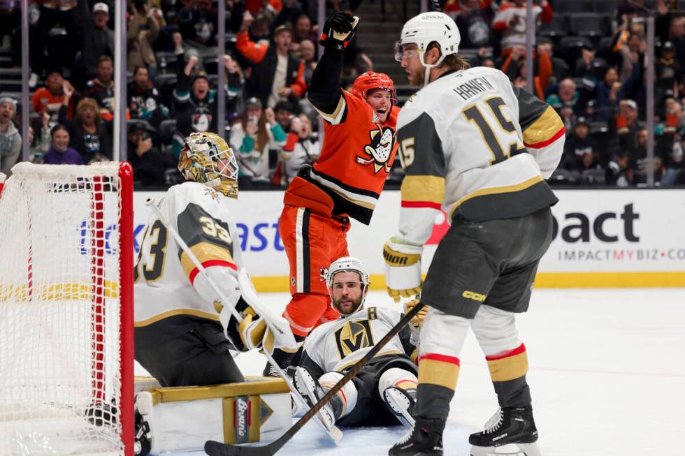 Anaheim Ducks right wing Brett Leason, center top, celebrates a goal scored by left wing Brock ...