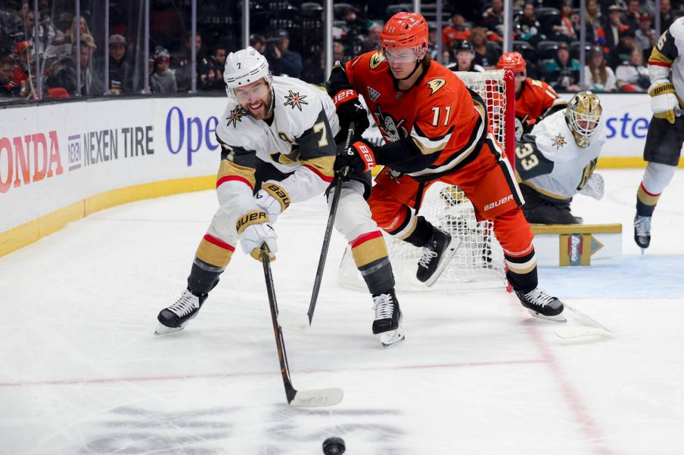 Vegas Golden Knights defenseman Alex Pietrangelo, left, and Anaheim Ducks center Trevor Zegras ...