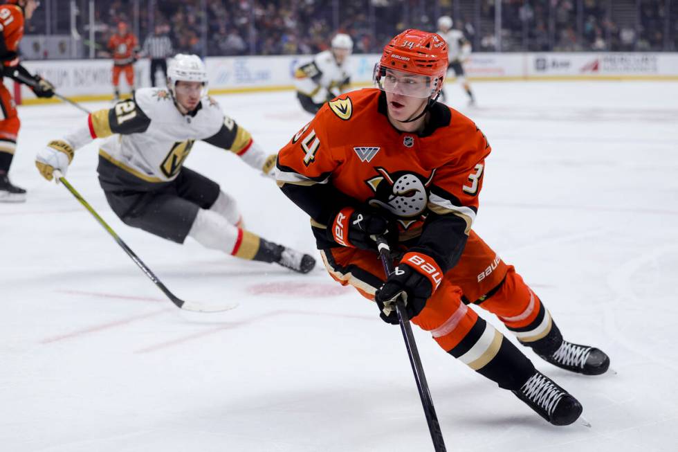 Anaheim Ducks defenseman Pavel Mintyukov during the second period of an NHL hockey game after t ...